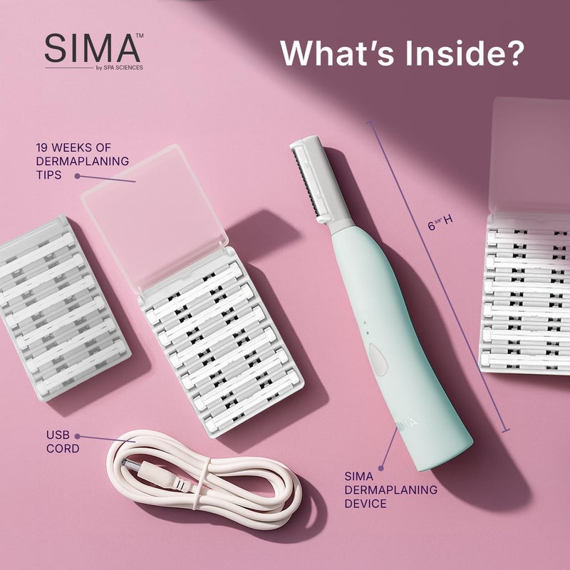 SPA SCIENCES - SIMA Patented Dermaplane Razor for Women Face – Painless 2-in-1 Facial Exfoliation & Peach Fuzz Hair Removal – Anti-Aging – 3 Speeds – Rechargeable – 19 Weeks Treatment - Image 5